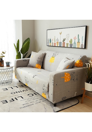 Mufunye Esnek Koltuk Kılıfı - Kalın Polyester Kumaş - 90-140cm Tekli Koltuklar İçin - Tilki Desenli Gri & Sarı