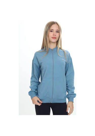 Toontoy Kız Çocuk Dik Yaka Fermuarlı Cepli Nakış Baskılı Örme Hırka - 2 İplik Mavi