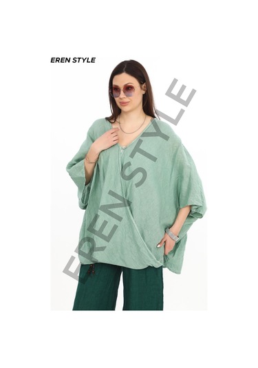 Bohem Kuruvaze Tek Düğmeli Keten Bluz-9884 Su Yeşili