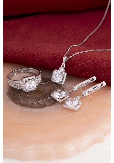 925 Ayar Gümüş Rodyumlu Full Zirkon Taşlı Baget Süslemeli Bayan Takı Seti -8234 Gümüş