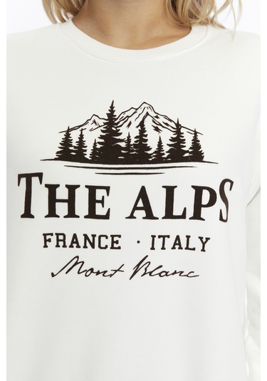 Gidia Kadife The Alps Desenli Ekru Yumuşak Dokulu Regular Fit Bisiklet Yaka Kadın Sweatshirt Ekru