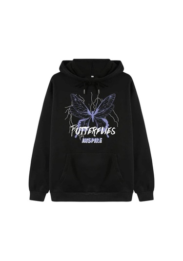 Unisex Siyah Butterfly Baskılı Oversize Kapşonlu Sweatshirt 001