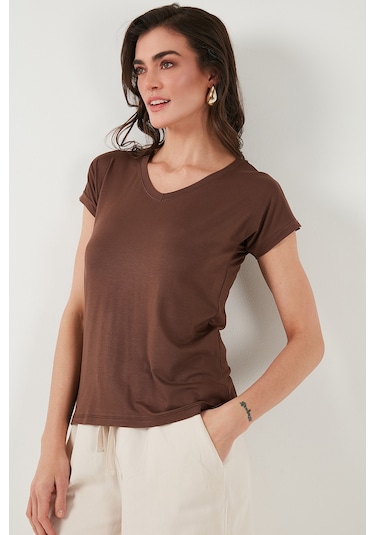 Lela V Yaka Rahat Kesim Yırtmaçlı Bayan Bluz 5862000 Kahve