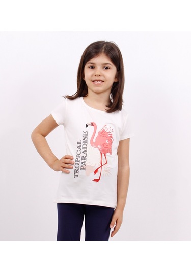 Toontoy Kids Kız Çocuk Tişört Flamingo Baskılı Ekru