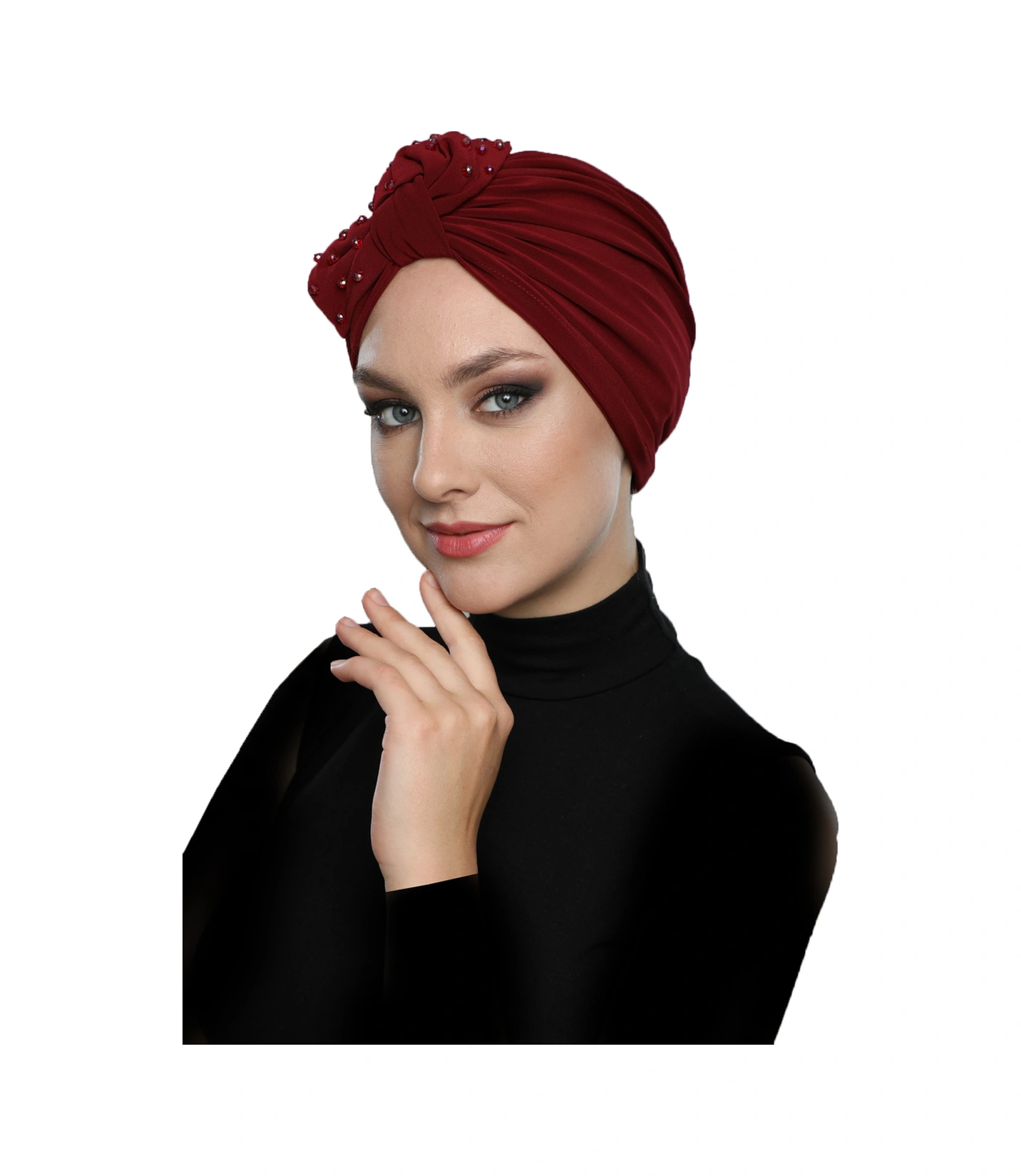 Kristal Yelpaze Taş Işlemeli Çift Taraflı Astarlı Bordo Hazır Türban Tesettür Abiye Bone Bordo