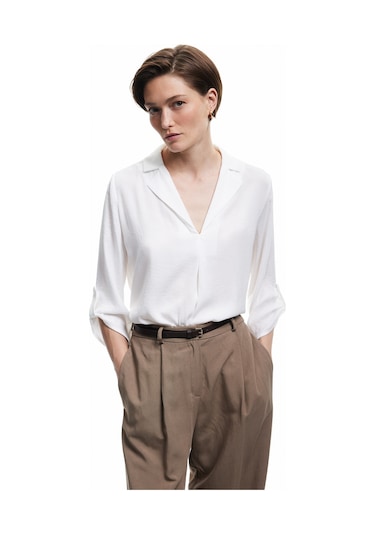 Koton Ceket Yaka Katlama Detaylı 3/4 Kollu Saten Bluz Kırık Beyaz 6wak60004pw Ekru