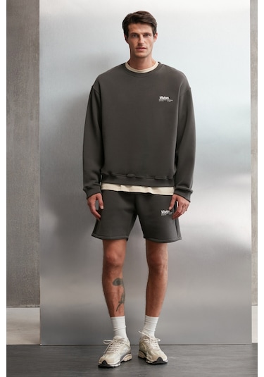 Ernest Erkek Yumuşacık Kumaşlı Oversize Fit Yuvarlak Yakalı Baskılı Gri Sweatshirt