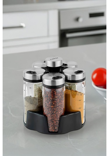 Nehir 6 Parça Borosilikat Döner Standlı Baharatlık Seti ŞEffaf