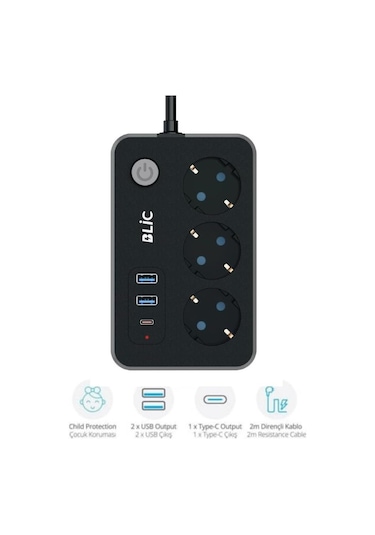 Çeşithane Blic Kablolu 3 Lü Priz Ve Usb Şarj İstasyonu 2 Usb + 1 Type-c Çıkışlı Termal Akım Ve Ç 2