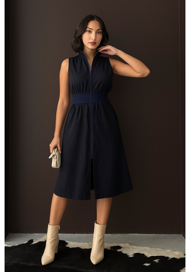 Kadın Dik Yaka Önü Fermuarlı Yırtmaçlı Baharlık Yazlık Beli Lastikli Şık Ceket Elbise Siyah