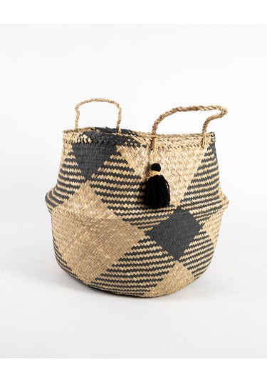 Siyah Püsküllü Small Boy Katlanabilir Hasır Sepet / Saksılık 25x2