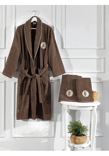 Finezza Troya %100 Pamuk Biyeli Nakışlı Kahverengi Bornoz Seti 3 Kahverengi
