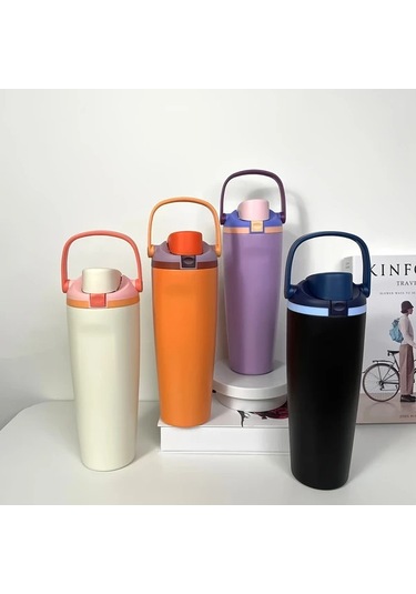 Brightnova Style 6 30oz 900ml Büyük Kapasiteli Paslanmaz Çelik Termos Matara Spor Seyahat 07 Beyaz