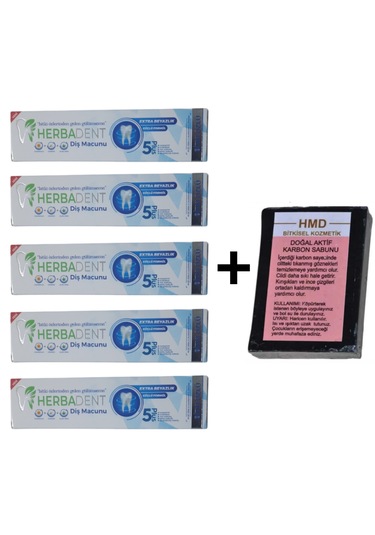 Herbadent Bitki Özlü Flörürsüz Diş Macunu 5 x 50 ML + Aktif Karbon Sabunu