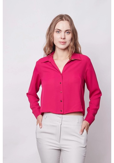 Kadın Likrasız Şık Kumaş Yakalı Uzun Kol Kısa Gömlek-vişne Vişne