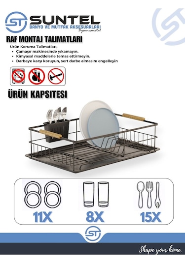 Suntel Bulaşıklık Tabaklık Tezgah Üstü Bulaşıklık Bulaşıklık Sepeti Bulaşık Kurutmalık Paslanmaz Siyah