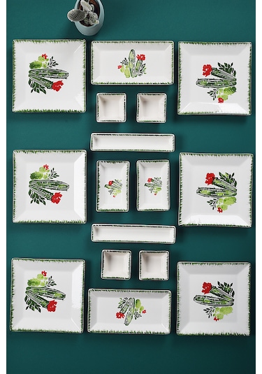 Piatti Naturali 16 Parça 6 Kişilik Kaktüs Kahvaltı Takımı Handmade Sunum Seti Çok Renkli