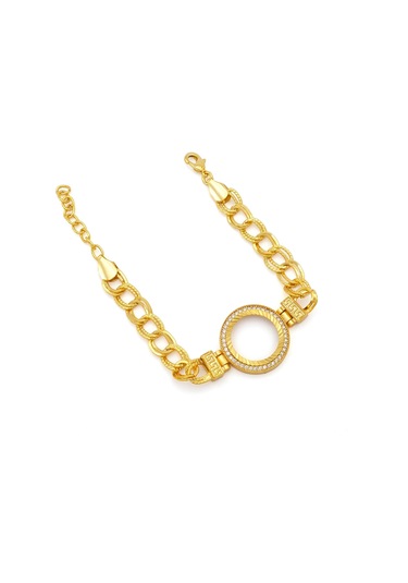 Altın Kaplama İmitasyon Zirkon Taşlı Desenli Figaro Model Çeyrek Çerçeve Bileklik Blk-1160 Altın