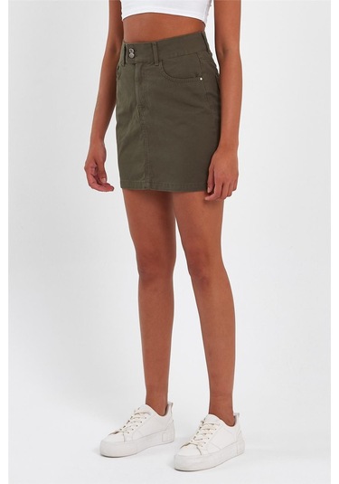 Kadın Çift Düğmeli Mini Kot Etek Haki-haki Haki