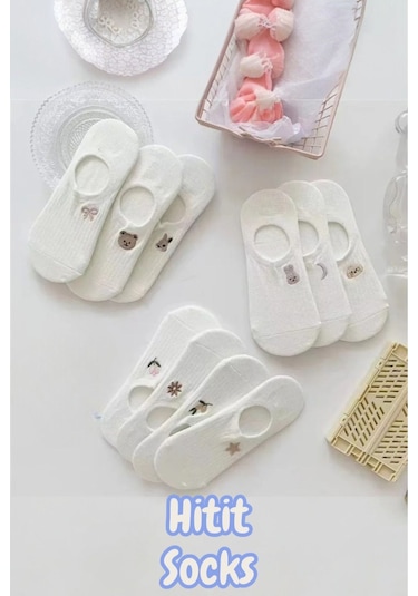 Kadın 10 Çift Premium Çiçek Ve Hayvan Desenli Görünmez Babet Çorap Şeker Beyazı ASORTİ