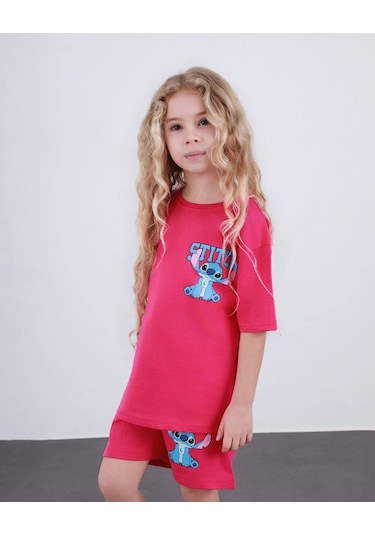 Miniko Kids Kız Çocuk Stitch Modelli Pamul Şortlu Takım Fuşya