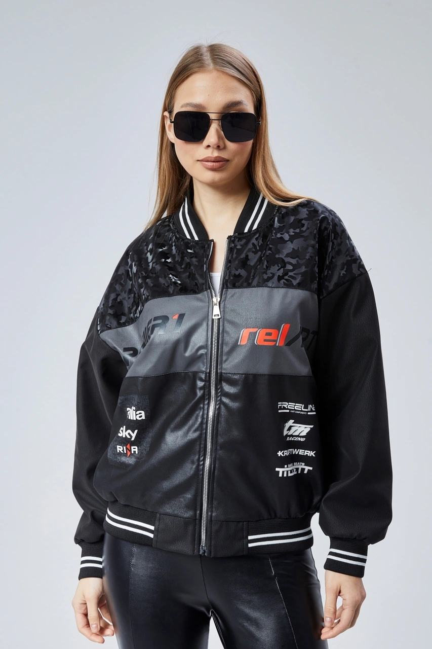 Kadın Oversize Baskılı Motorcu Yarışçı Montu Kolej Ceketi Kamuflaj