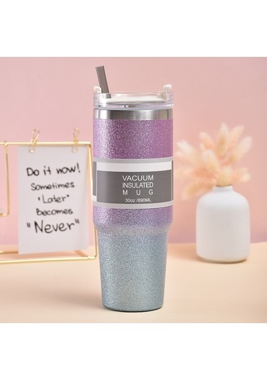 Rogfer 30oz Parıltılı Yalıtım Kahve Fincanı Çift Katmanlı Buz Kupası Saman İle Paslanmaz Çelik Araba Kupası Mor Mavi Mor - Mavi