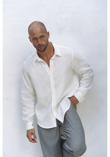 Mai Collection Mai Studios Co. Bice Ekru Keten Oversize Erkek Gömlek Ekru