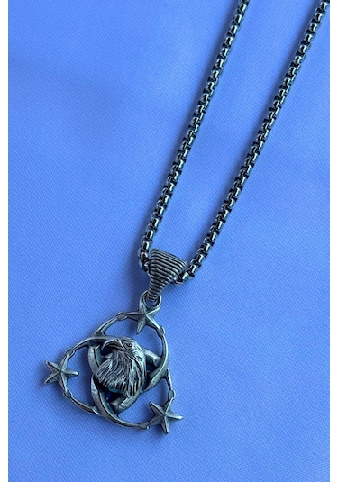 Kartal Ay Yıldız El İşçiliği Paslanmaz Çelik Zincir Erkek Kolye Gümüş