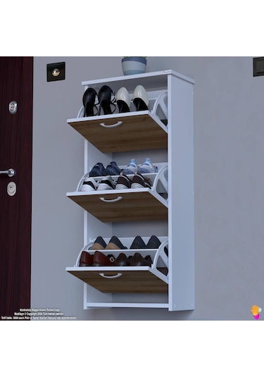 Modilayn West Asma Kapı Önü 52x 116 X26 Cm Lik 3 Düşer Kapak 6 Göz Bölmeli Ayakkabılık Beyaz - Meşe