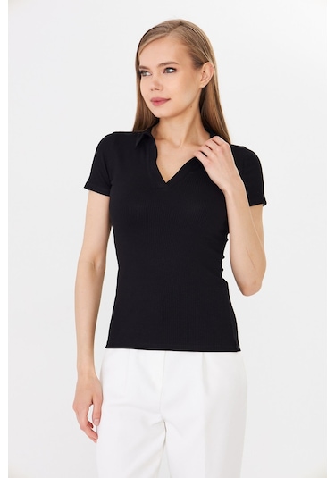 Hdm Kadın Siyah Polo Yaka Fitilli Günlük Bluz - H6038