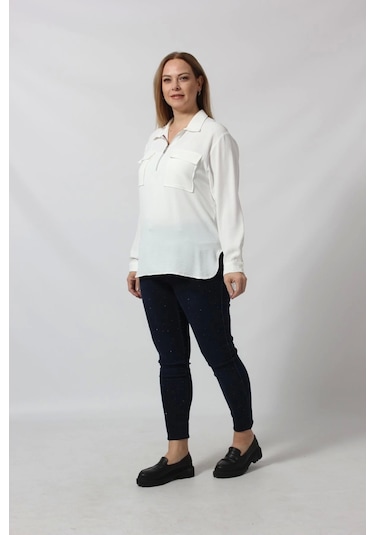 Moda Berray 3055 Yaka Fermuarlı Yandan Yırtmaçlı Gömlek Beyaz