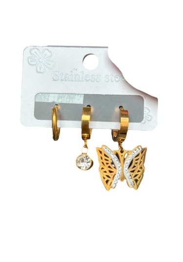 Üçlü Kelebek Sallantılı Taşlı Çelik Küpe Altın