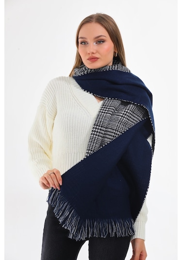 Çift Taraflı Yumuşak Dokulu Lacivert Şal Atkı Lacivert