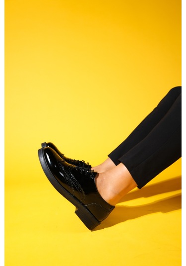 Avra Siyah Rugan Hakiki Deri Kadın Oxford Ayakkabı Siyah