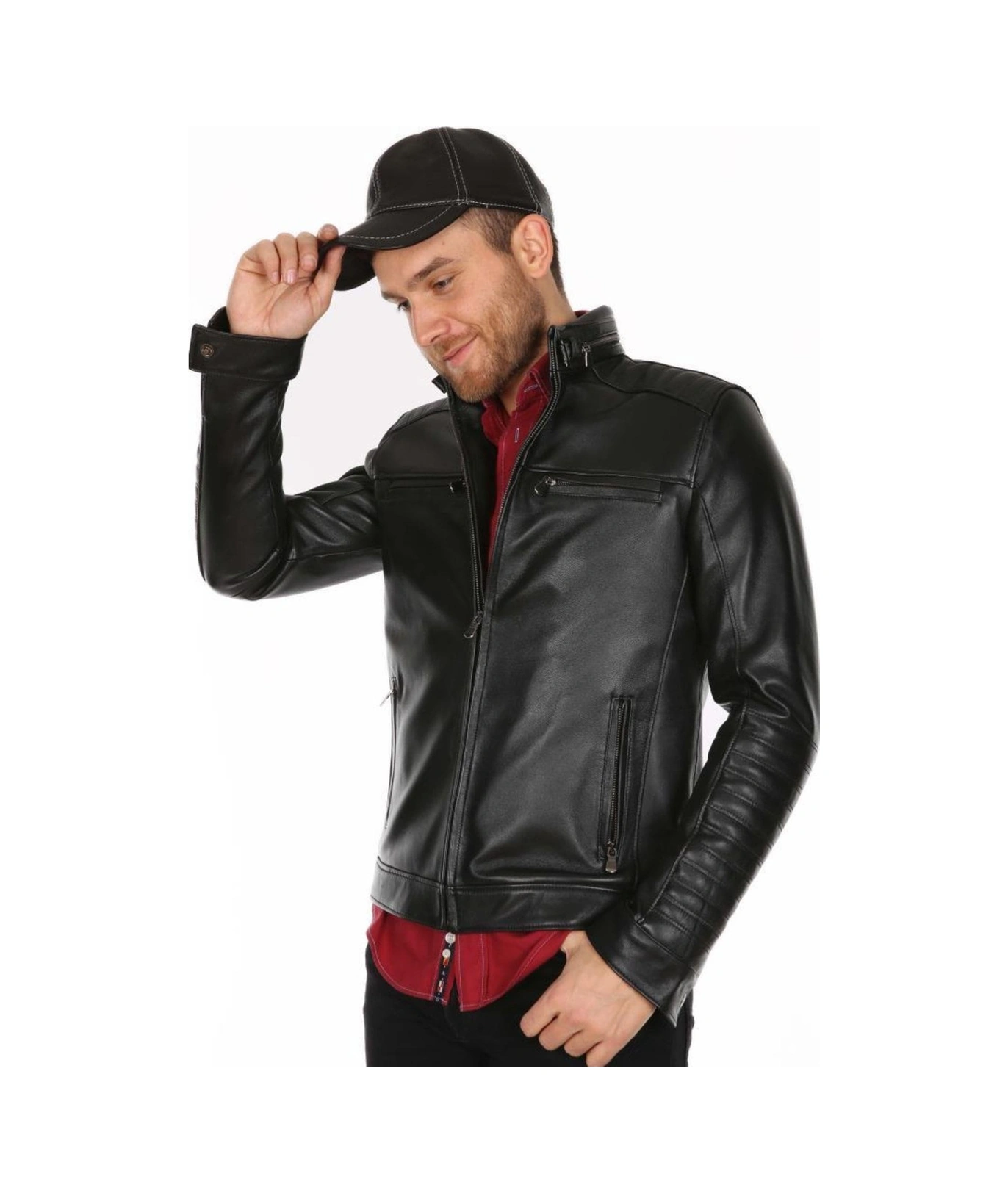 Hakiki Deri Siyah Kol Omuz Işlemeli Erkek Deri Ceket Siyah