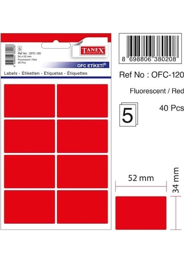 Tanex Ofis Etiketi Fosforlu Kırmızı 34x52 5 Yaprak 40 Etiket