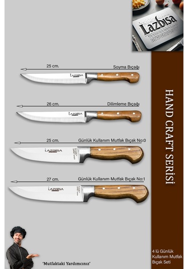 Lazbisa Mtf-036 Hand Craft Mutfak Bıçak Seti Et Ekmek Sebze Bıçağı 4 Lü Set Günlük Kullanım Kahverengi