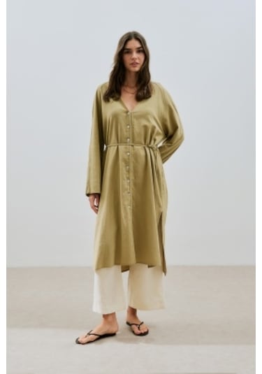 Dokulu Düğmeli Uzun Tunik Haki Haki