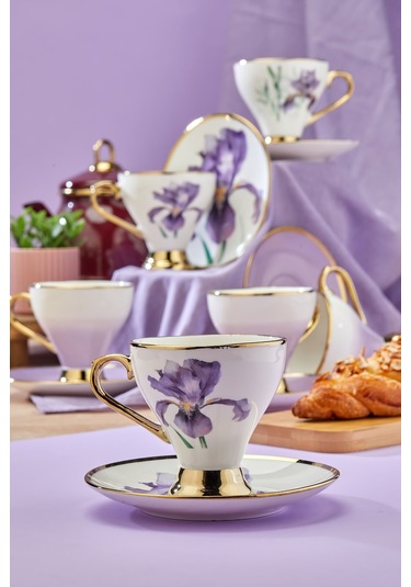 Cooker 6 Lı Lüks Yaldız Porselen Kahve Fincan Takımı Ckr3519 Mor