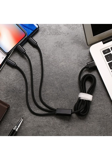 Yaozixa Üçlü Usb Şarj Kablosu: Lightning, Type-c, Micro Usb Bağlantıları - 2a Hızlı Şarj, Nilon Örgü, Aluminyum Konnektör, Siyah