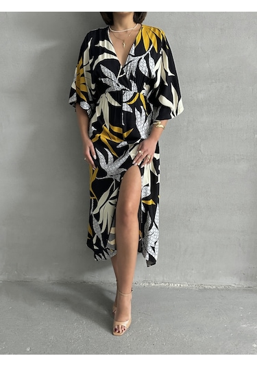 Kadın Kruvaze Yaka Yırtmaçlı Uzun Yazlık Elbise Siyah - Sarı
