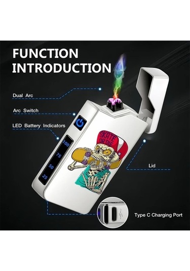 Trendooze Gaojunshop01 Siyah Rüzgar Geçirmez Usb Şarjlı Dijital Çakmak Çift Arklı Siyah Siyah