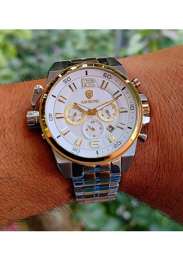 Raymond Gold Beyaz Kadran Çelik Erkek Kol Saati Altın - Gümüş