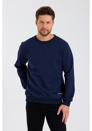 MMetalic Bisiklet Yaka Etiket Detayı İçi Pamuklu Erkek Sweatshirt Lacivert