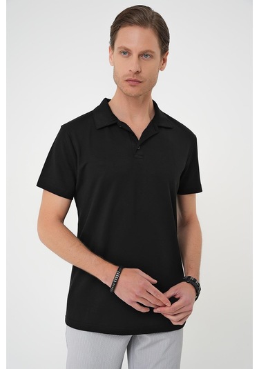Comfort Fit Polo Yaka Esnek Pamuk Casual Siyah Tişört Ts 886 Siyah