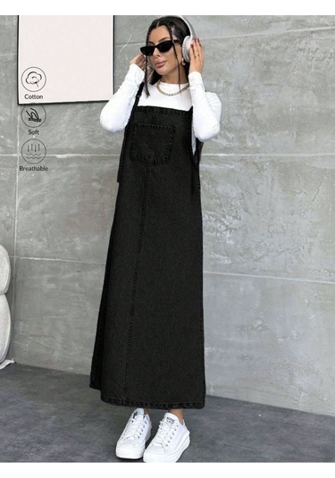 Shevega Kadın Uzun Siyah Bahçivan Askili Elbise Siyah