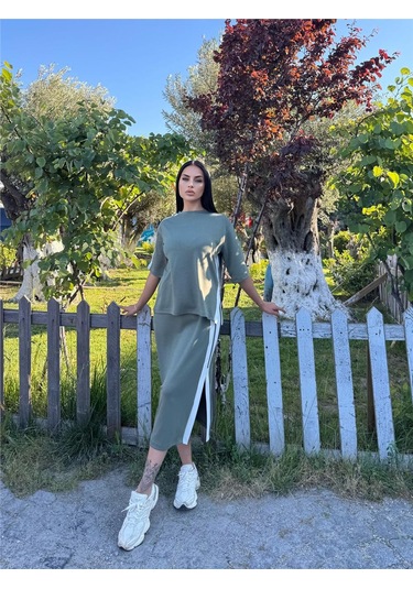 Haki Pamuk Yandan Çizgili Midi Takım Haki