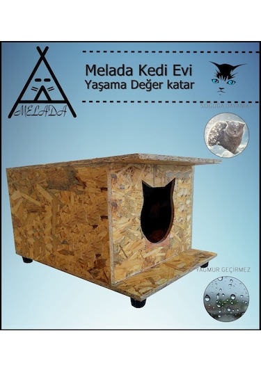 Melada Kedi Evi Dış Ortam Uygun Ahşap Kedi Evi Osb 47x36x25 Cm