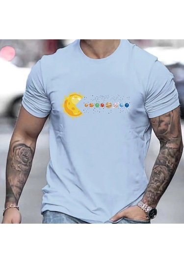 Guılan Erkek Gezegen Baskılı Pamuk Tişört - Yazlık Rahat Gündelik Üstmavi Mavi